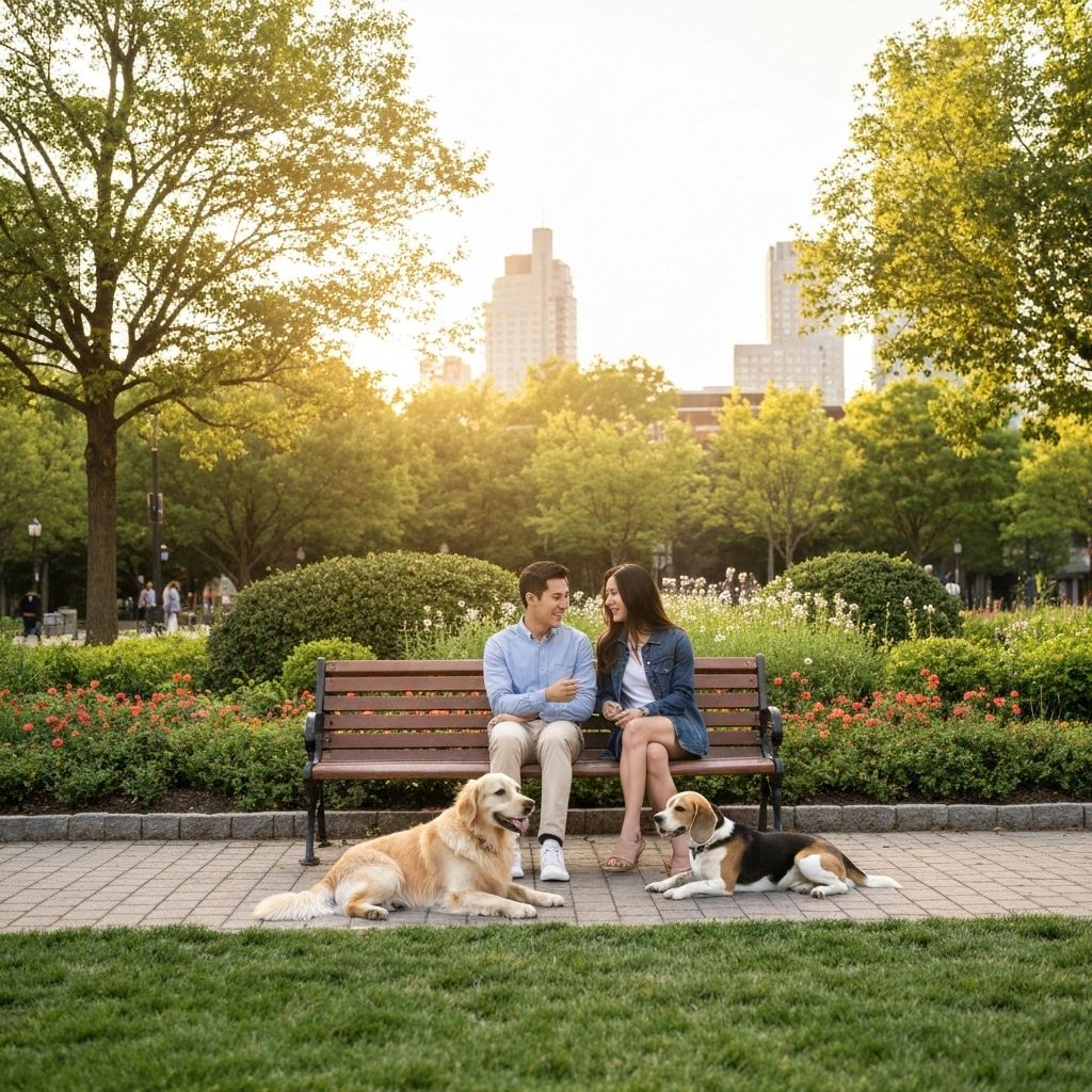 Two people on a bench with their dogs in an urban park
